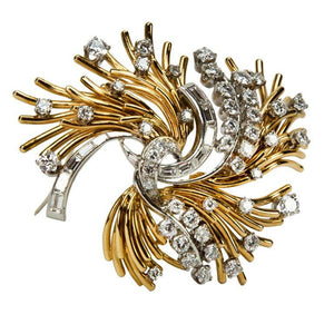 Modernist Diamond Gold Floral Sprig Brooch Pin Circa 1950s