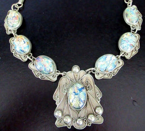 Vintage Art Nouveau Designer Foil Set Opal Sterling Silver Necklace Mexico