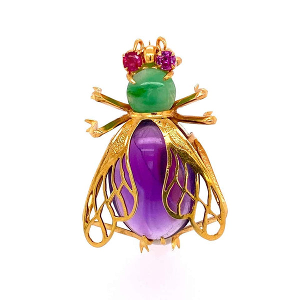 12 Carat Amethyst, Jade and Ruby Gold Bee Bug Brooch Pin Estate Fine Jewelry