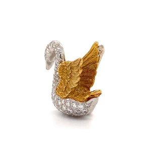 Diamond Swan Platinum and Gold Brooch Pin Fine Estate Jewelry