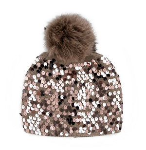 Sequins Knitted Beanie with Fox Fur Pom Pom