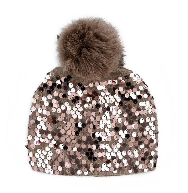 Sequins Knitted Beanie with Fox Fur Pom Pom