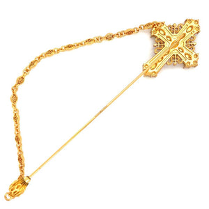 Designer Signed Dolce & Gabbana Ornate Ruby Crystal Golden Cross Jabot Pin