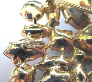SCHIAPARELLI Signed Multi Color Rhinestone Golden Scroll Designer Brooch Pin