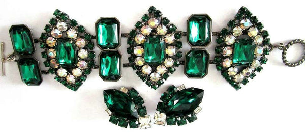 Designer Lawrence Vrba Vintage Emerald Green Rhinestone CZ Bracelet and Earrings