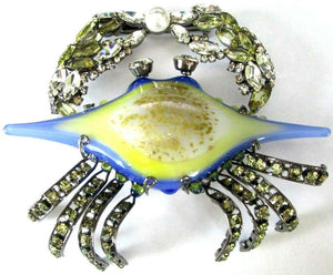Designer Signed Moans Couture Blown Glass and Crystal Figural Crab Brooch Pin