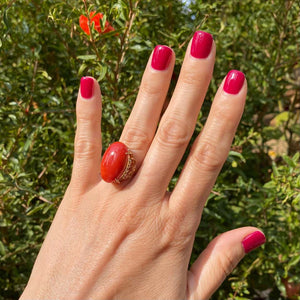 19 Carat Red Coral Art Deco Style Gold Cocktail Ring Estate Fine Jewelry
