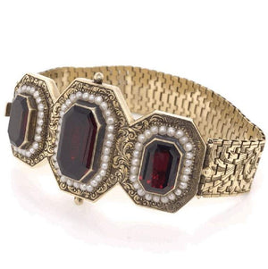 Victorian Emerald-Cut Garnets and Seed Pearl Gold Bracelet Fine Estate Jewelry