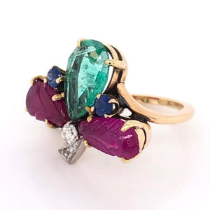 Emerald Ruby Sapphire and Diamond Tutti Fruiti Cocktail Ring Fine Estate Jewelry