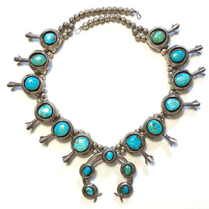 Native American Turquoise Old Pawn Navajo Squash Blossom 925 Silver Necklace