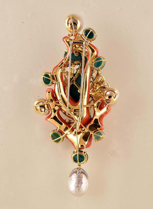 Tony Duquette Malachite Seahorse and Coral Pearl Emerald Diamond Gold Brooch Pin