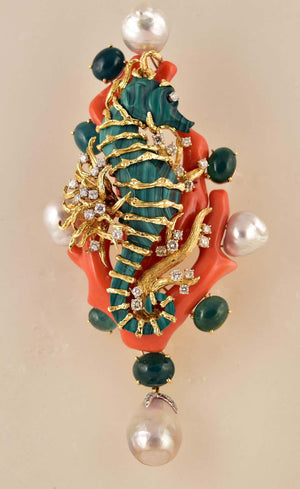 Tony Duquette Malachite Seahorse and Coral Pearl Emerald Diamond Gold Brooch Pin