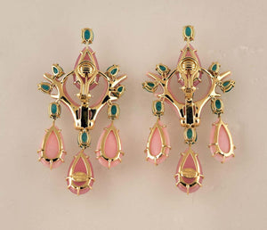 Pink Opal Quartz Emerald & Diamond Gold Drop Earrings Tony Duquette Fine Jewelry