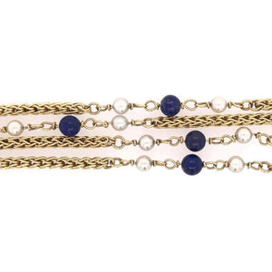Vintage Tiffany & Co. Lapis & Pearl Long Gold Chain Necklace Estate Fine Jewelry
