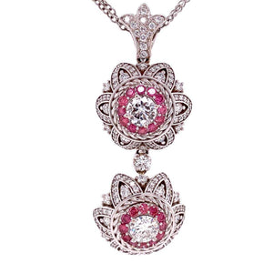 White and Pink Diamond Double Drop Pendant Necklace Mayor Estate Fine Jewelry