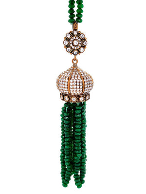 Designer Faux Green Jade and Diamante Long Gilt Necklace Fine Estate Jewelry