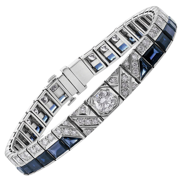 Diamond and Sapphire White Gold Bracelet Estate Fine Jewelry