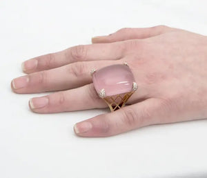 65 Carat Rose Quartz Diamond Gold Statement Cocktail Ring Estate Fine Jewelry