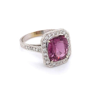 3.75 Carat Cushion Pink Sapphire and Diamond Gold Ring