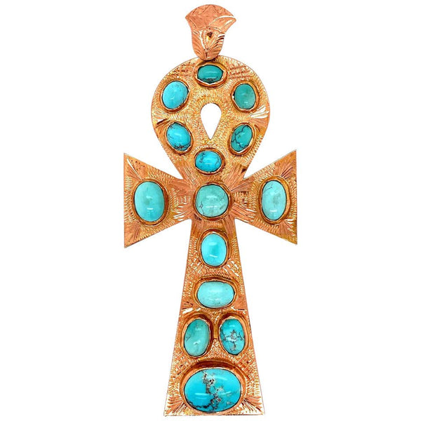 Large Sleeping Beauty Gold and Turquoise Statement Ankh Cross Pendant