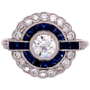Diamond and Sapphire Art Deco Style Cocktail Platinum Ring Estate Fine Jewelry