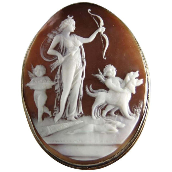 Carved Shell Cameo Diana The Huntress and Cherubs S/S Brooch Estate Fine Jewelry