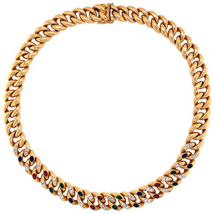 Diamond, Emerald, Sapphire and Ruby Curb Link Gold Necklace Fine Estate Jewelry