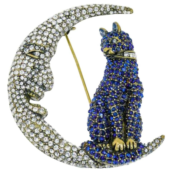 Heidi Daus Signed Swarovski Crystal Kitty Cat in the Moon Brooch Pin Estate