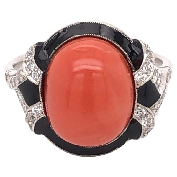 5.81 Carat Coral Diamond Enamel Art Deco Style Platinum Ring Estate Fine Jewelry