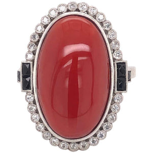 15.81 Carat Deep Red Coral Onyx Art Deco Style Platinum Ring Estate Fine Jewelry