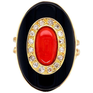 Red Coral Diamond and Onyx Art Deco Style Gold Ring Estate Fine Jewelry