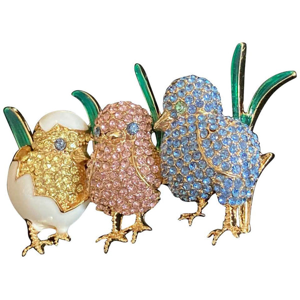 Napier Yellow Pink and Blue Bird Chicks Cracked Egg Pin Brooch Estate Find