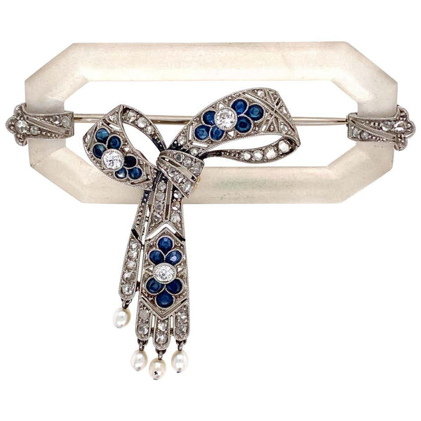 Art Deco Quartz Crystal Diamond Sapphire Platinum Brooch Pin Estate Fine Jewelry