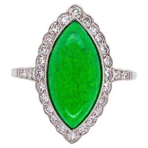 4 Carat Navette Green Turquoise and Diamond Platinum Ring Estate Fine Jewelry