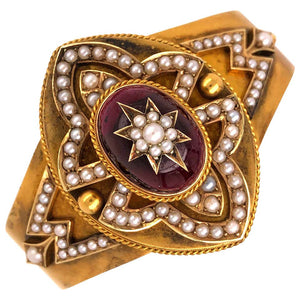 Garnet and Pearl Victorian Gold Cuff Bangle Bracelet Estate Fine Jewelry