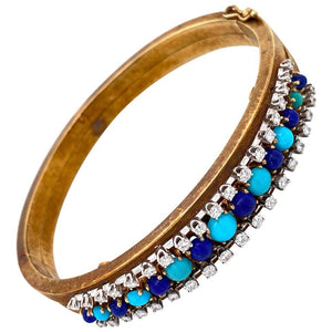 Turquoise Lapis Lazuli and Diamond Bangle Bracelet Estate Fine Jewelry
