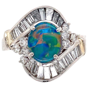 Black Opal and Diamond Platinum Retro Cocktail Ring Estate Fine Jewelry
