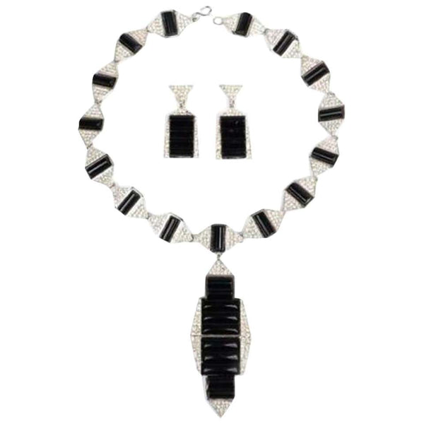 Black Lucite Rhinestone Art Deco Style Necklace and Earring Set by Kenneth Lane