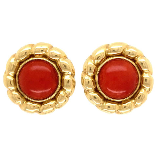 Vintage Pair of Red Coral Gold Button French Clip Earrings Estate Fine Jewelry