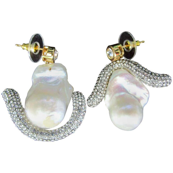 Genuine Freeform Pearl and Sparkling Ice Crystal Drop Earrings