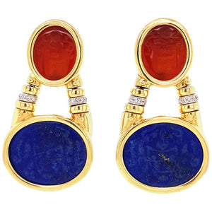 Carved Carnelian Lapis Lazuli and Diamond Dangle Earrings Estate Fine Jewelry