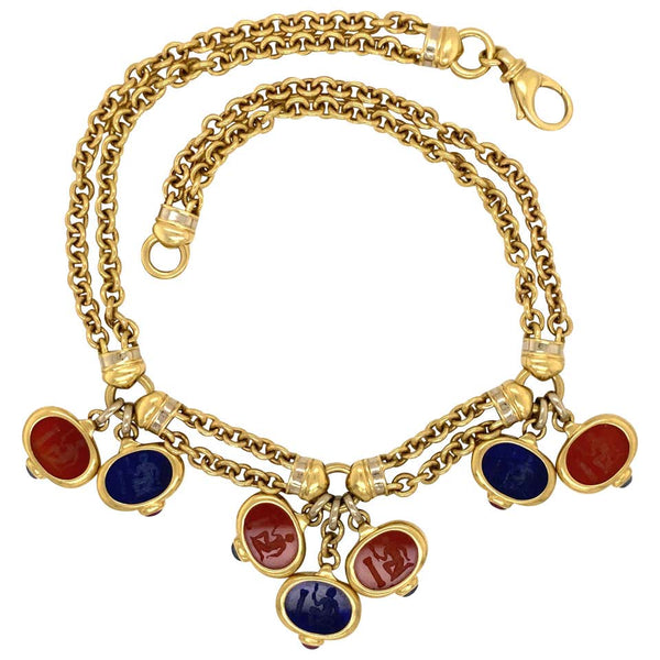 Carved Carnelian and Lapis Lazuli Gold Chain Necklace Estate Fine Jewelry