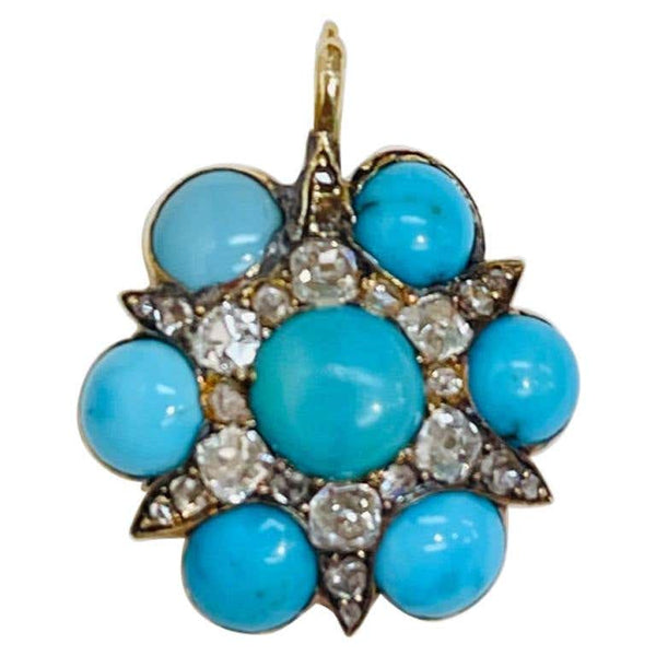 Antique Turquoise and Diamond Charm Pendant Necklace Estate Fine Jewelry