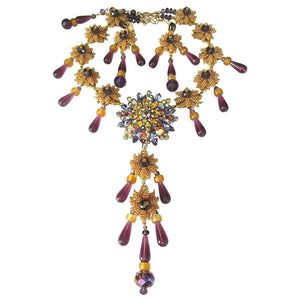 Designer Signed Stanley Hagler Purple and Yellow Crystal Necklace and Earrings