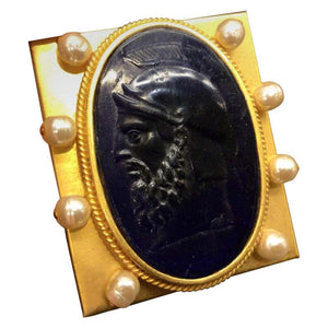 Vintage Designer Signed Linda Levinson Roman Coin Glass Medallion Golden Compact