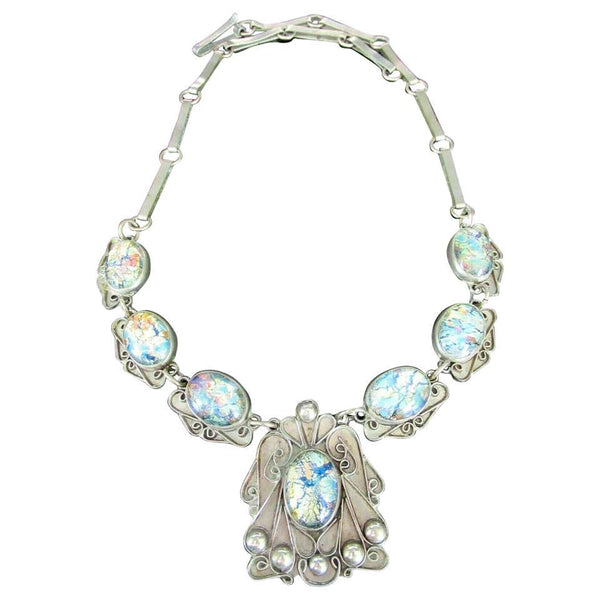 Vintage Art Nouveau Designer Foil Set Opal Sterling Silver Necklace Mexico