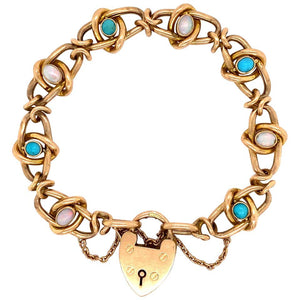Victorian 15 Karat Gold Link Opal and Turquoise Bracelet Estate Fine Jewelry