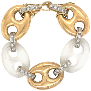 Diamond and Quartz Crystal Chunky Open Link Gold Bracelet Estate Fine Jewelry
