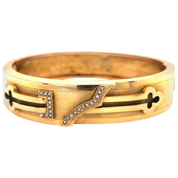 Antique Key Design Seed Pearls Gold Bangle Bracelet Estate Fine Jewelry