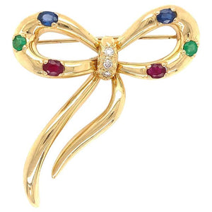 Diamond Emerald Ruby Sapphire Ribbon Bow Gold Brooch Pin Estate Fine Jewelry